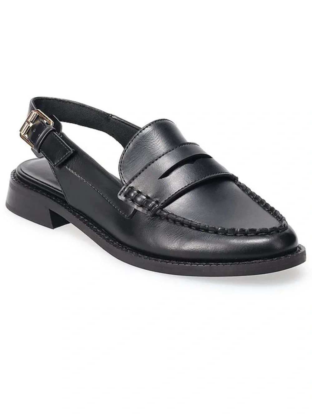 Sonoma Black Leather Slingback Penny Loafers with Gold Buckle